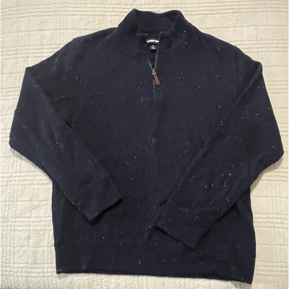 Lands'‎ End Pullover Cotton Sweater 1/4 Zip Long Sleeve Navy Blue L EUC